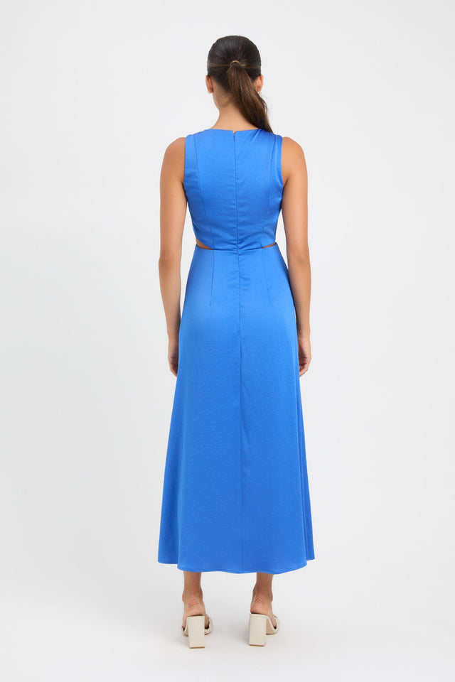 front Milan Cut Out Dress Kookai Fit-and-flare Midi Relaxed Plungeneck blue womens-dresses 