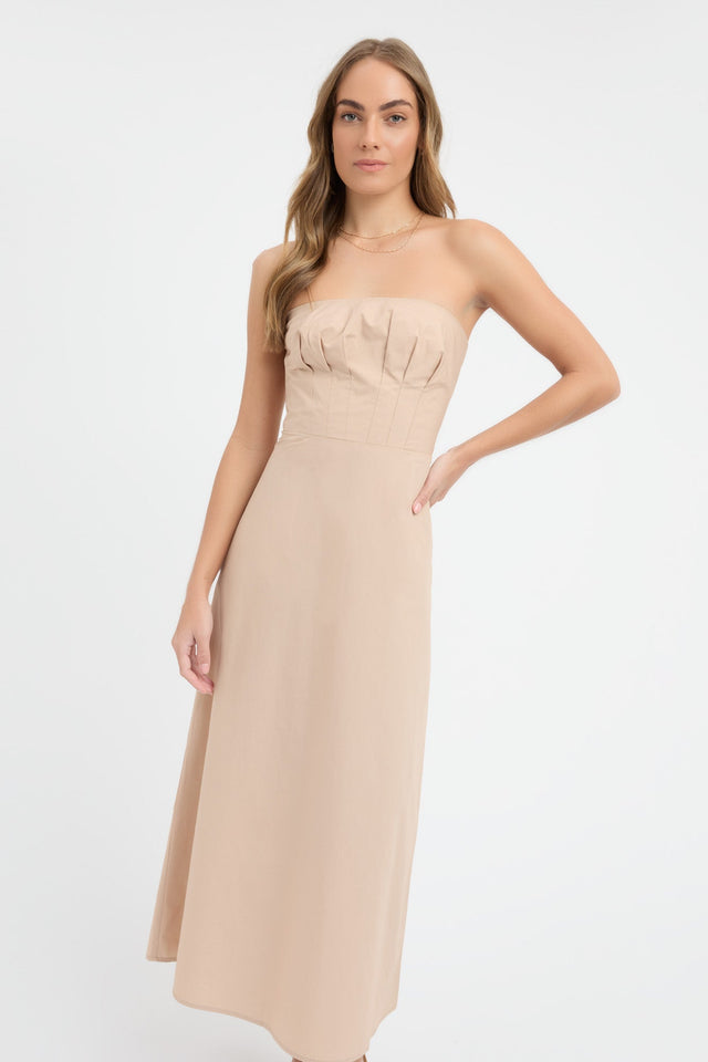 product Poplin Strapless Dress Kookai Aline Midi Relaxed Straight beige womens-dresses 