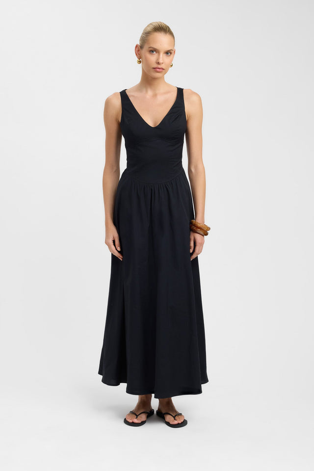 side Naples Bodice Dress Kookai Aline Maxi Fitted V-neck black womens-dresses 