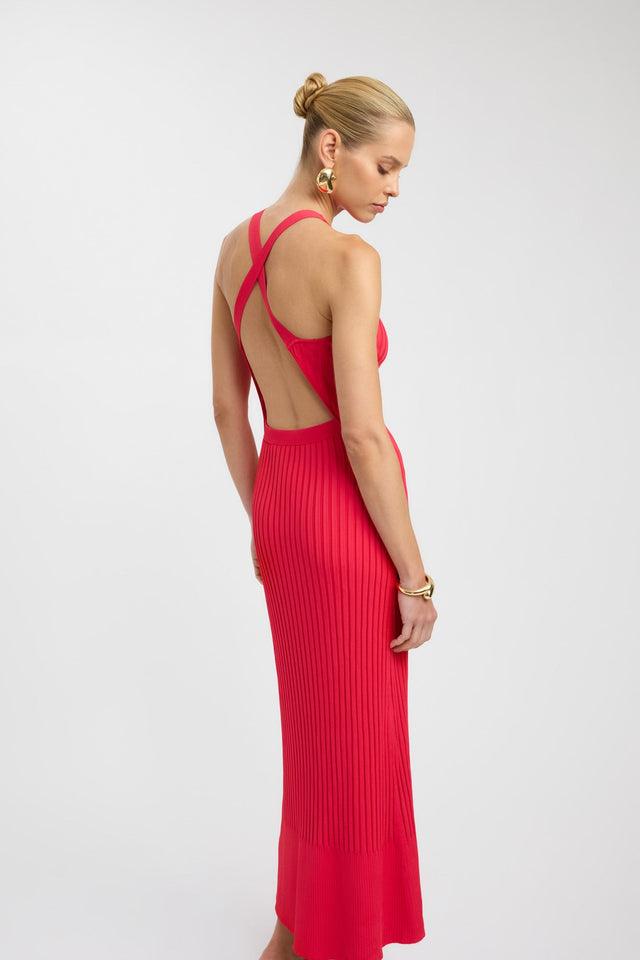 back Serah Cross Back Dress Kookai Straight Maxi Fitted Roundneck red womens-dresses 