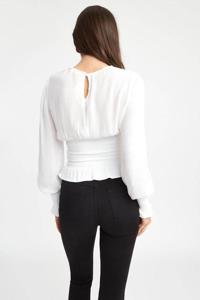 womens white crew neck top billowy sleeves shirred cuff 