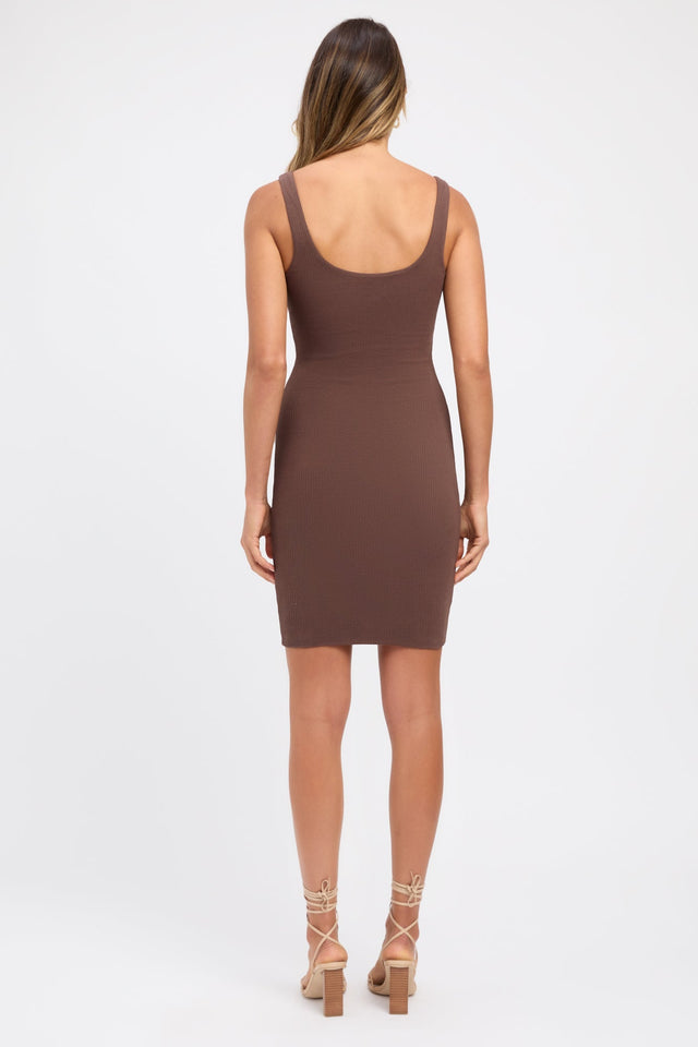 front Kaia Mini Dress Kookai Bodycon Mini Fitted Scoopneck brown womens-dresses 