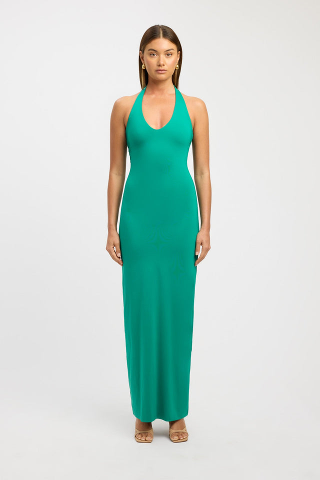 product Stella Halter Maxi Dress Kookai Bodycon Maxi Fitted Plungeneck teal womens-dresses 