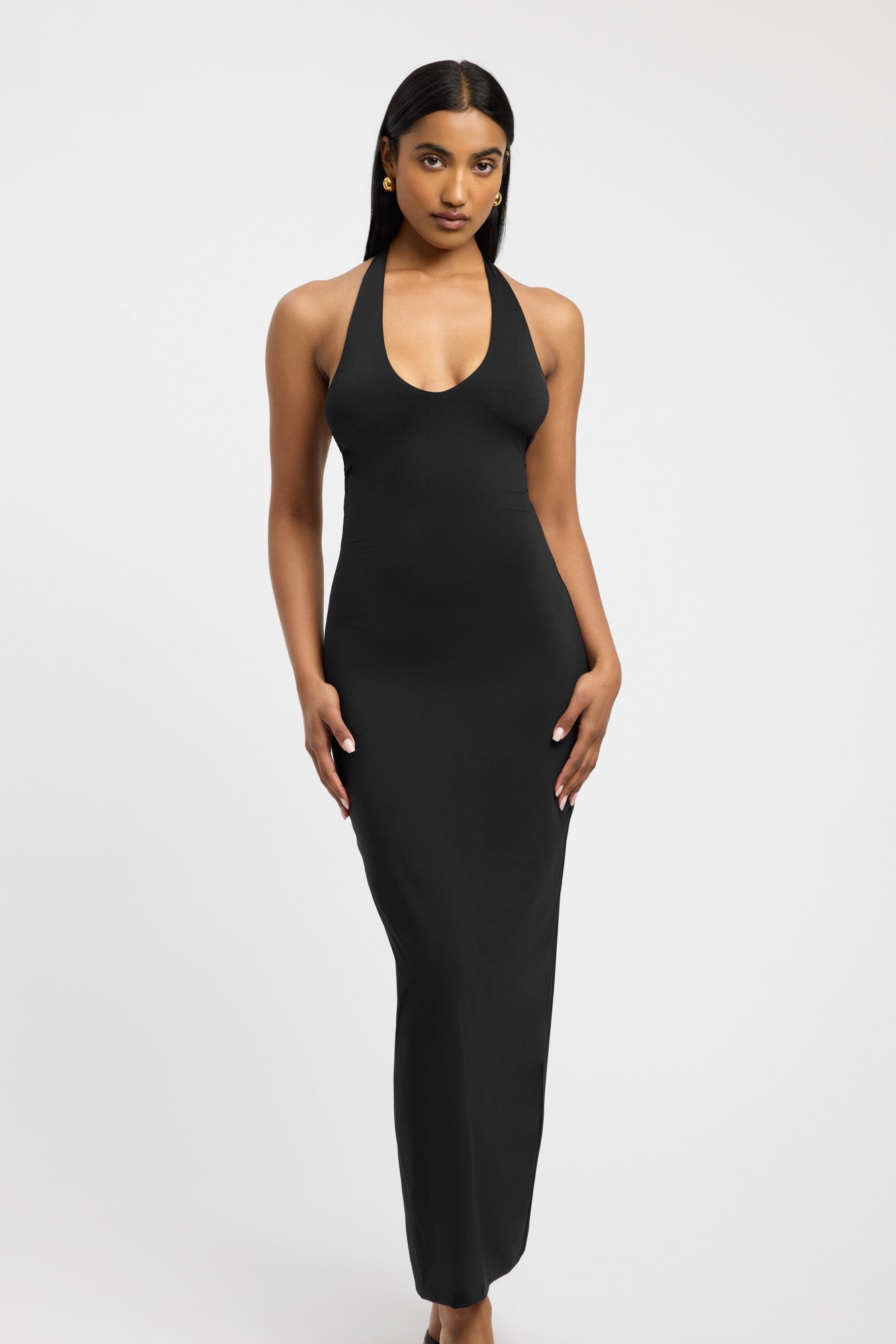 Long black halter neck on sale dress