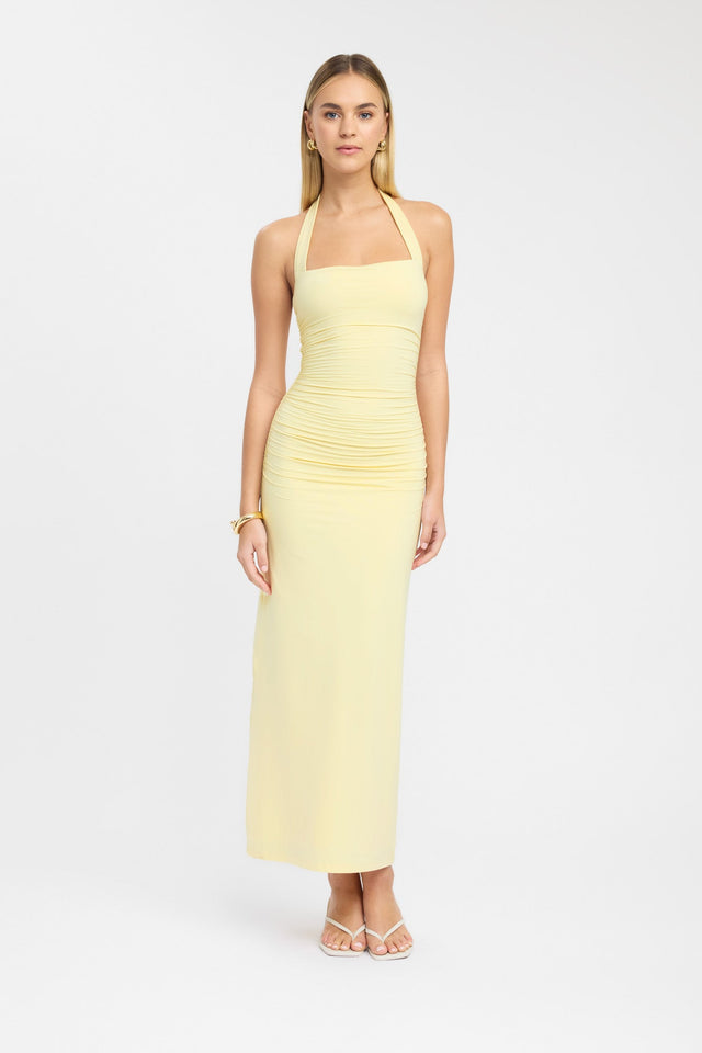 side Hailey Halter Dress Kookai Straight Maxi Fitted Squareneck yellow womens-dresses 