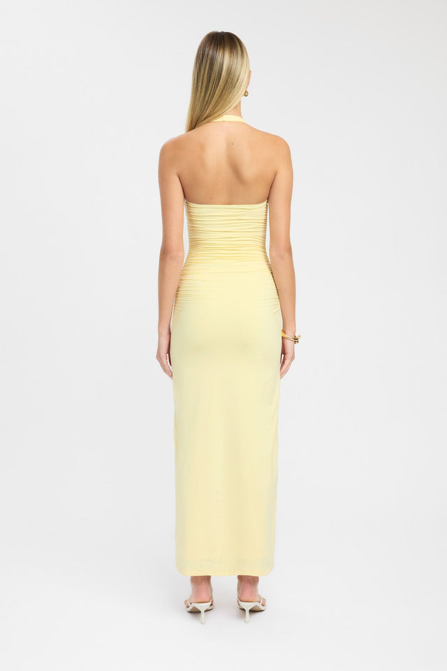 back Hailey Halter Dress Kookai Straight Maxi Fitted Squareneck yellow womens-dresses 